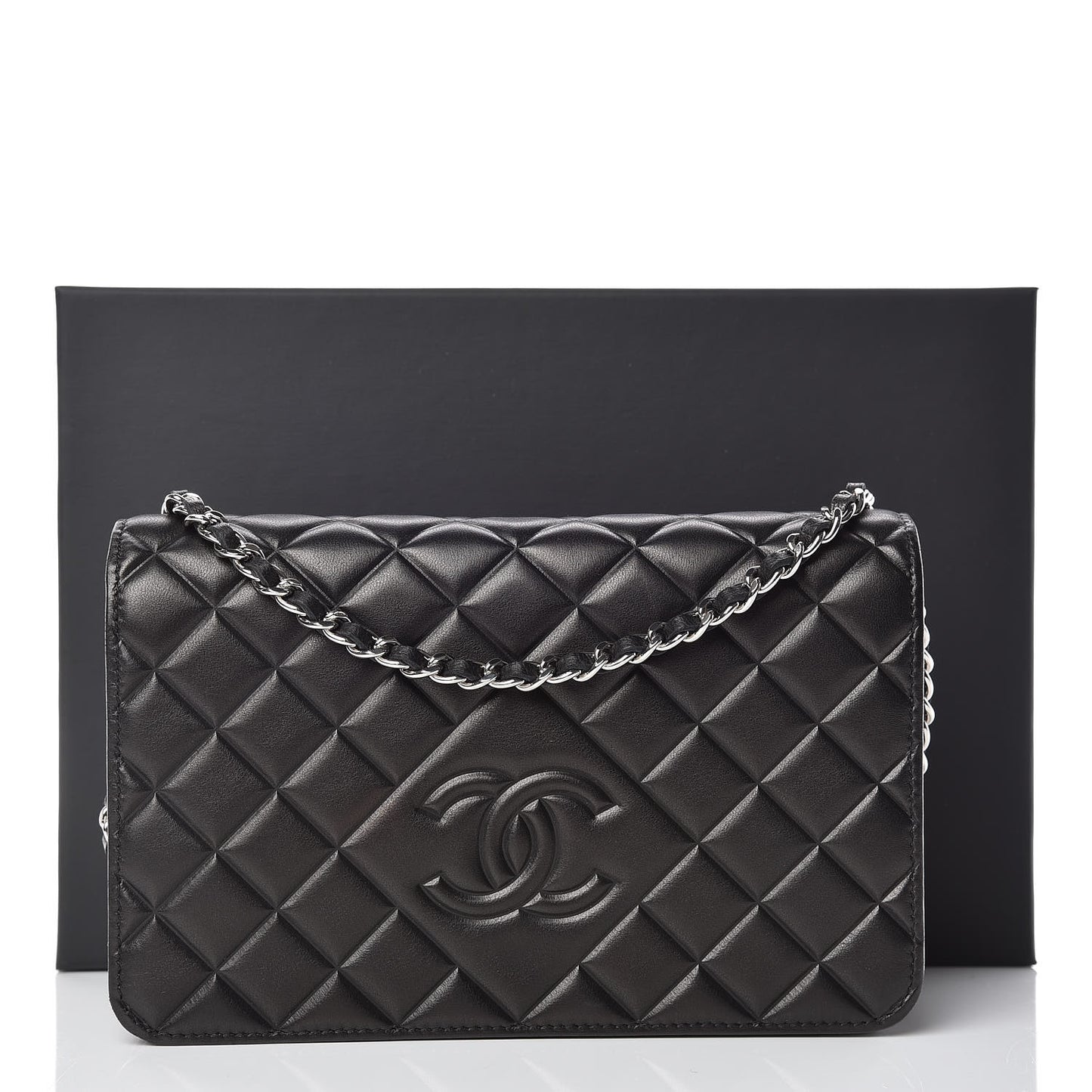 Lambskin Quilted Diamond CC Wallet On Chain WOC Black