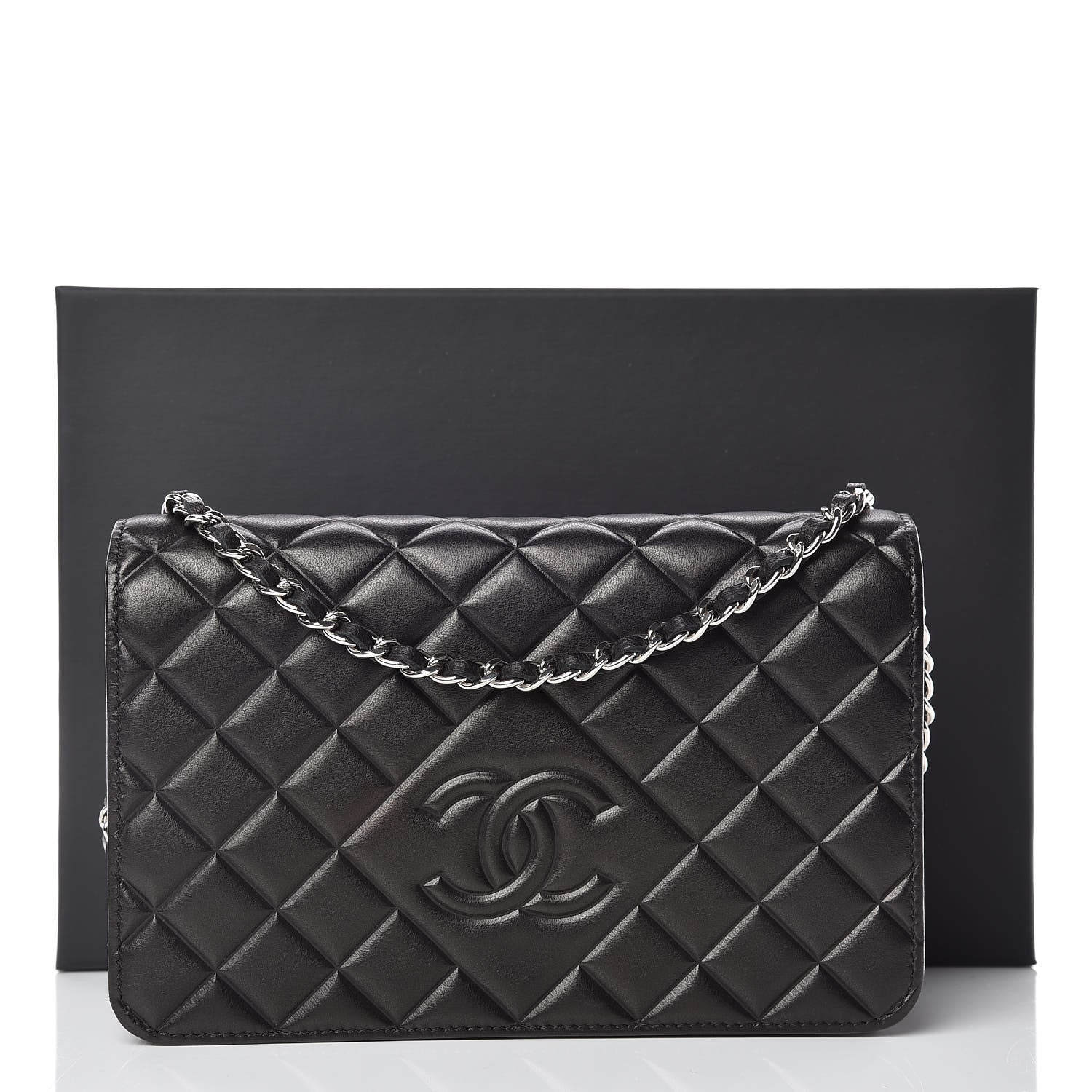 Chanel Lambskin Quilted Diamond CC Wallet On Chain WOC Black 13 of 13