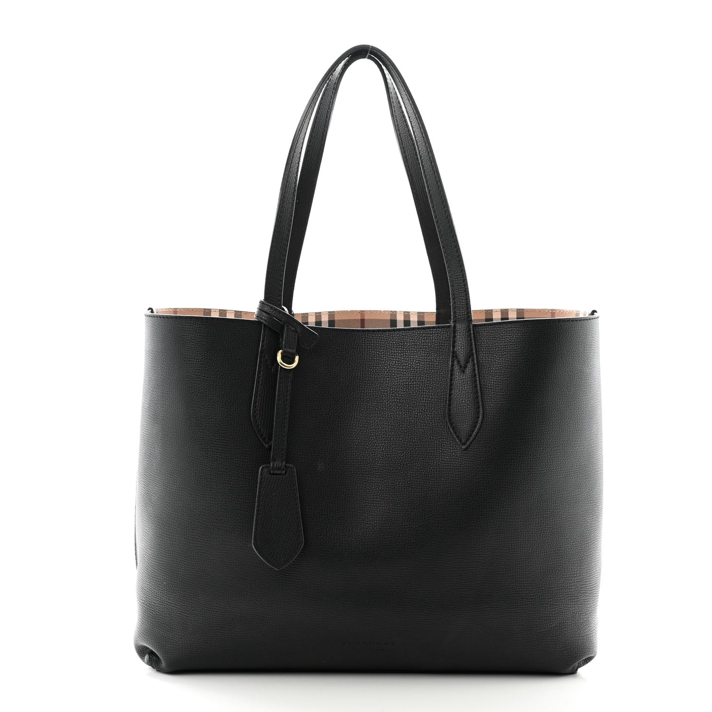 Grainy Calfskin Haymarket Check Medium Reversible Tote Black
