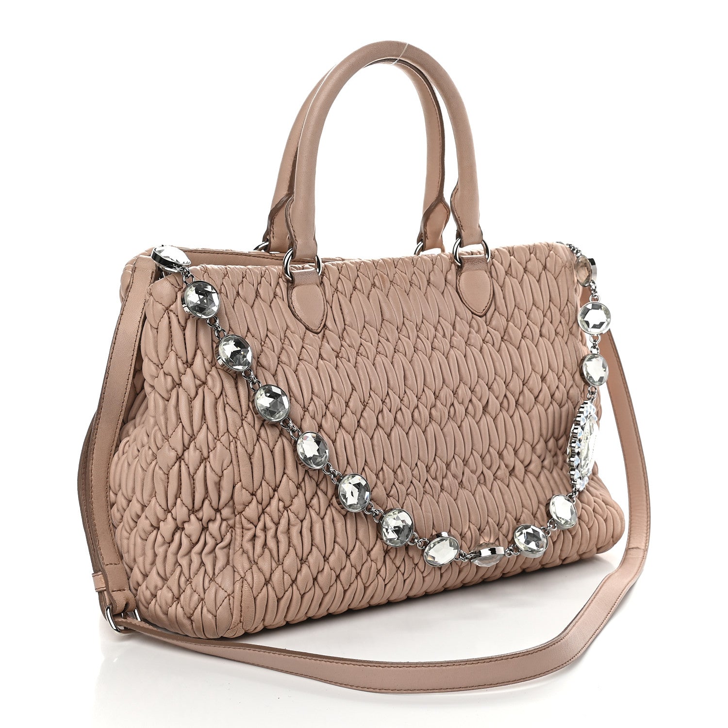 Miu Miu Nappa Matelasse Swarovski Crystal Tote Cammeo 3 of 9