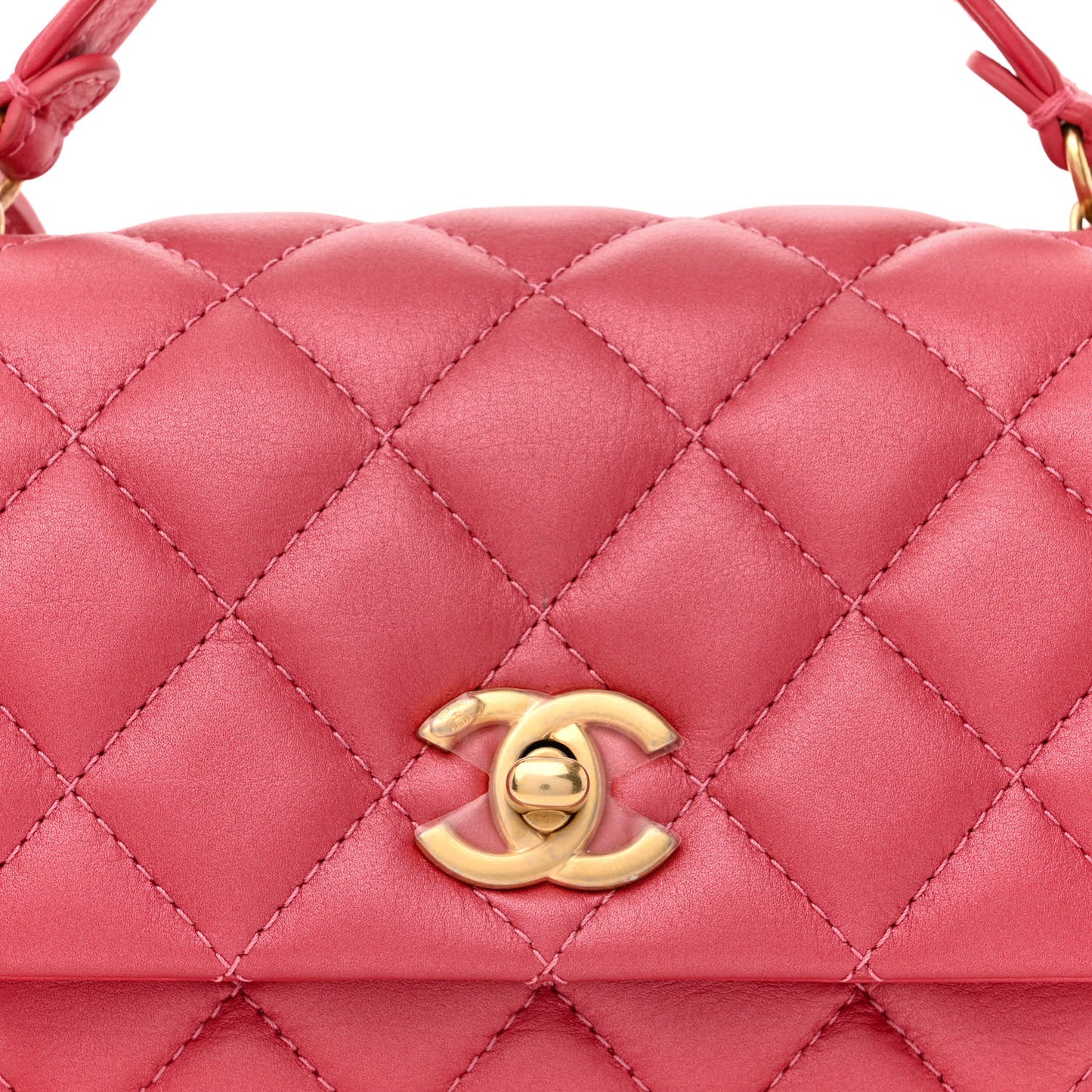 Metallic Calfskin Quilted Top Handle Flap Dark Pink