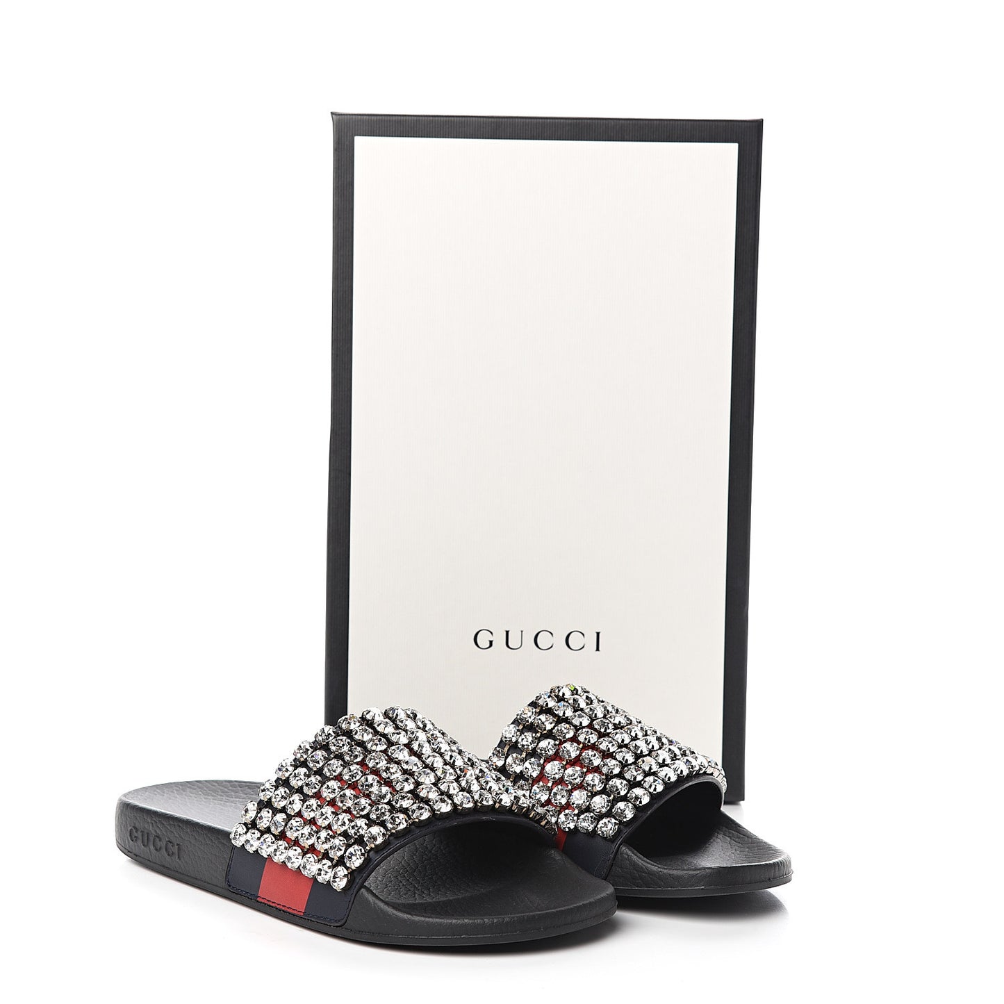 Calfskin Crystal Embellished Web Slide Sandals 37 Blue Red