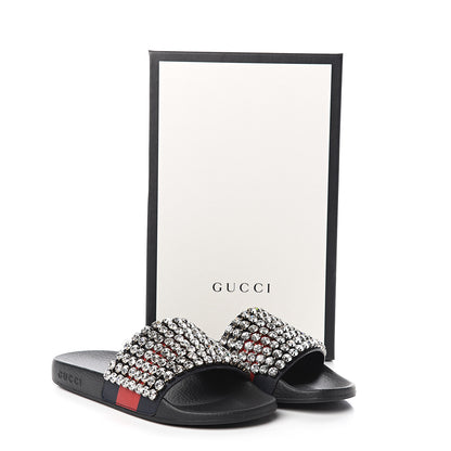 Gucci Calfskin Crystal Embellished Web Slide Sandals 37 Blue Red 8 of 8