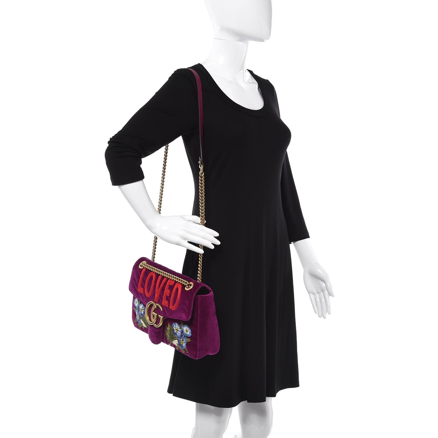 Velvet Matelasse Loved Embroidered Medium GG Marmont Shoulder Bag Fuchsia Violet Cyclamen