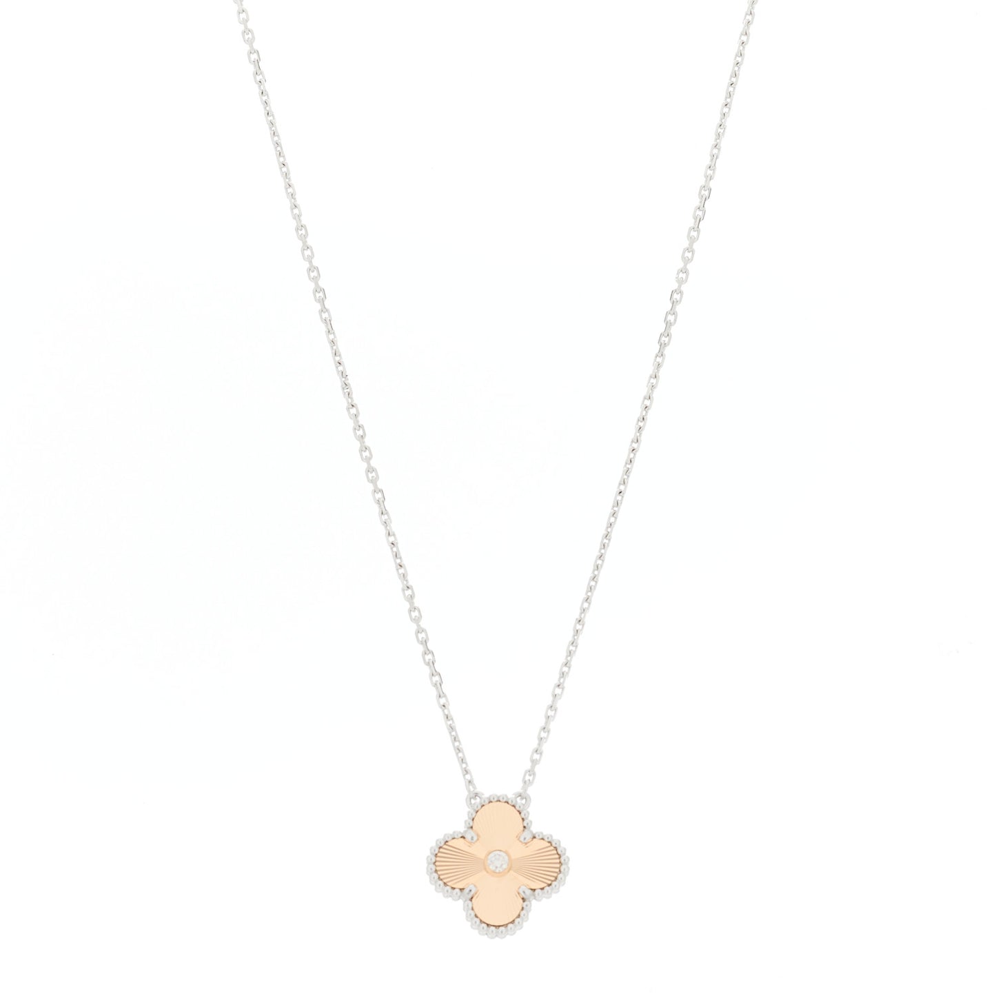 18K White Rose Gold Diamond Guilloche Vintage Alhambra Pendant Necklace