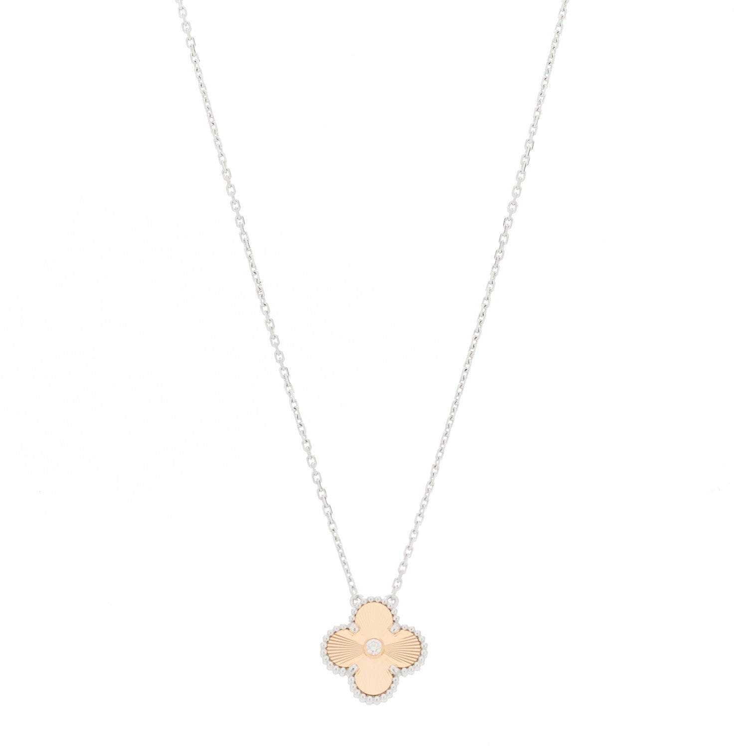 Van Cleef & Arpels 18K White Rose Gold Diamond Guilloche Vintage Alhambra Pendant Necklace 1 of 6