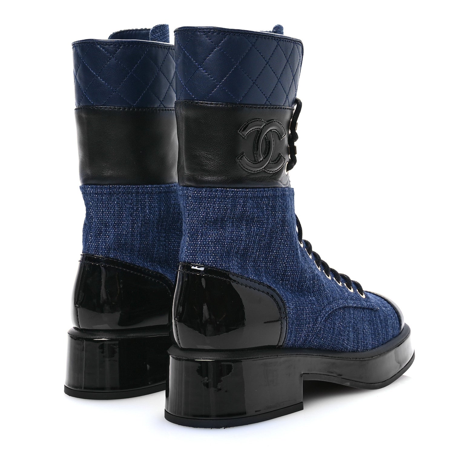 Chanel Denim Patent Lambskin Quilted CC Lace Up Combat Boots 37.5 Blue Black 4 of 8