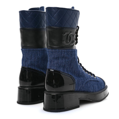 Chanel Denim Patent Lambskin Quilted CC Lace Up Combat Boots 37.5 Blue Black 4 of 8