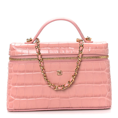 Chanel Calfskin Crocodile Embossed Top Handle Vanity Case With Chain Pink 1 of 11