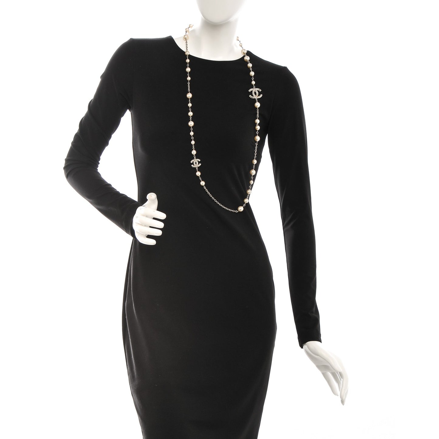Pearl Baguette Crystal CC Long Necklace Silver