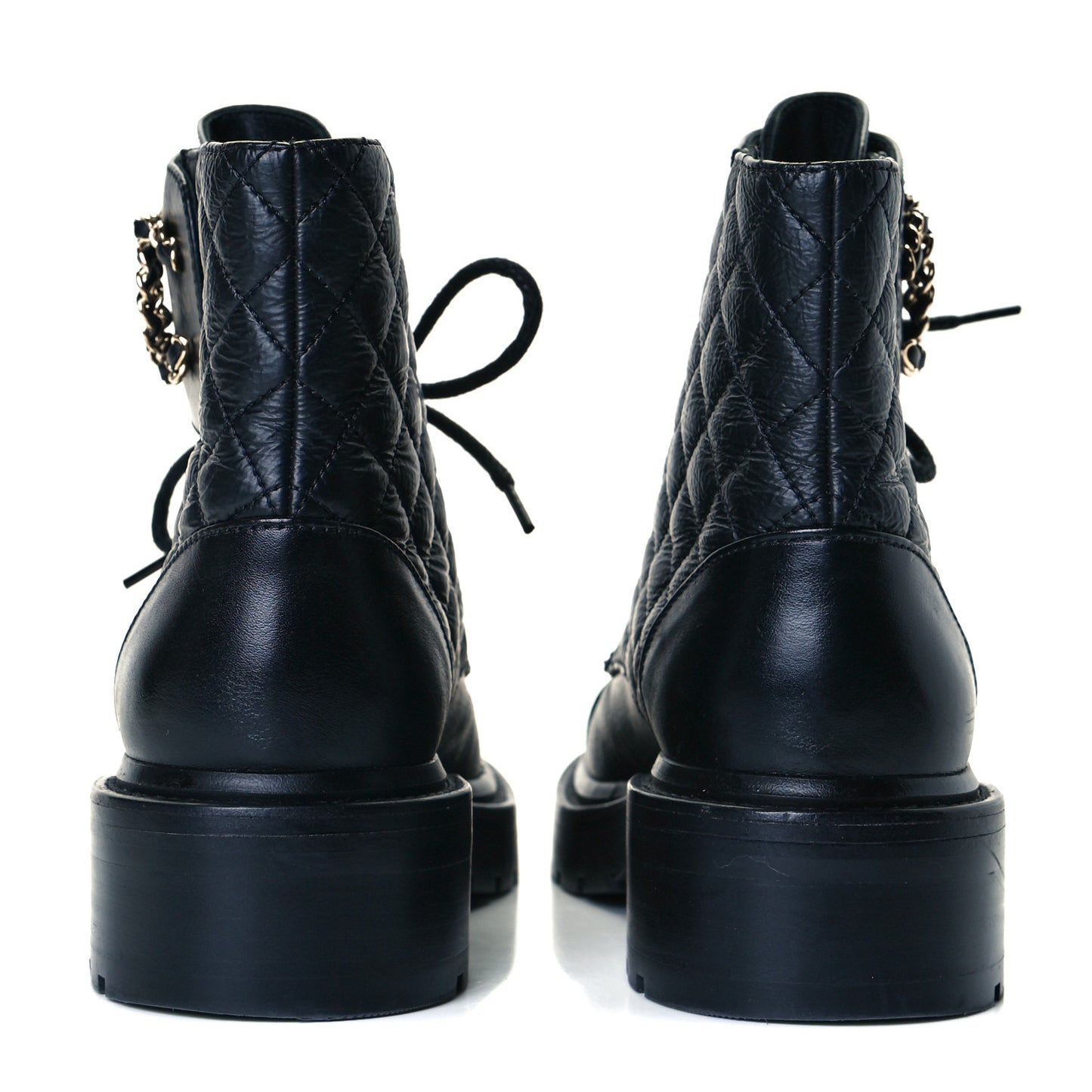 Shiny Goatskin Calfskin Quilted Lace Up Combat Boots 36.5 Black