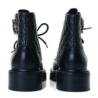 Chanel Shiny Goatskin Calfskin Quilted Lace Up Combat Boots 36.5 Black 5 of 9