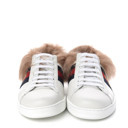 Gucci Calfskin Wool Web Bee Embroidered Mens Ace Sneakers 8 White 2 of 9