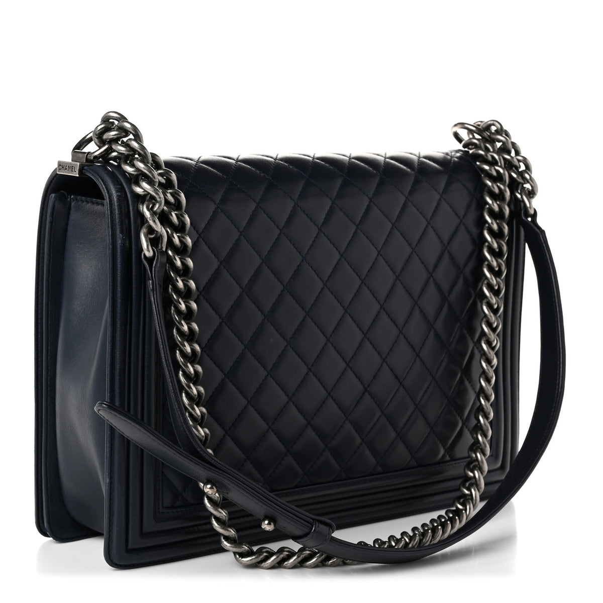 Calfskin Quilted Large Boy Flap Navy Blue
