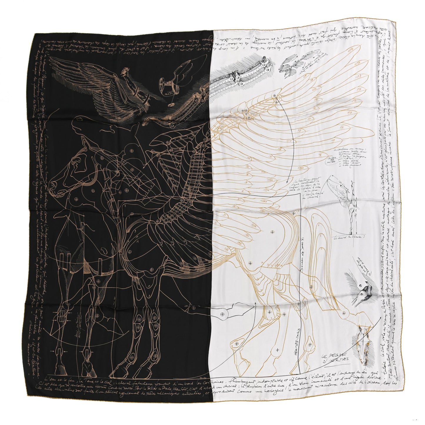 Silk Twill Le Pegase D Hermes Giant Scarf 140 Black White Or