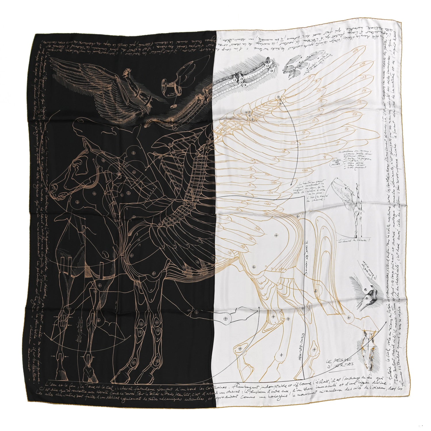 Hermes Silk Twill Le Pegase D Hermes Giant Scarf 140 Black White Or 1 of 8
