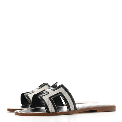 Hermes Calfskin Canvas Oran Sandals 39 Black 3 of 9