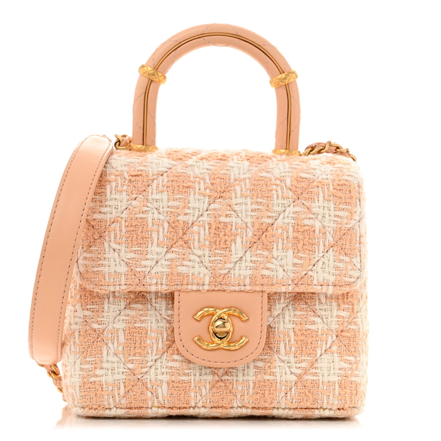 Tweed Handle Crush Top Handle Flap Bag Orange Ecru