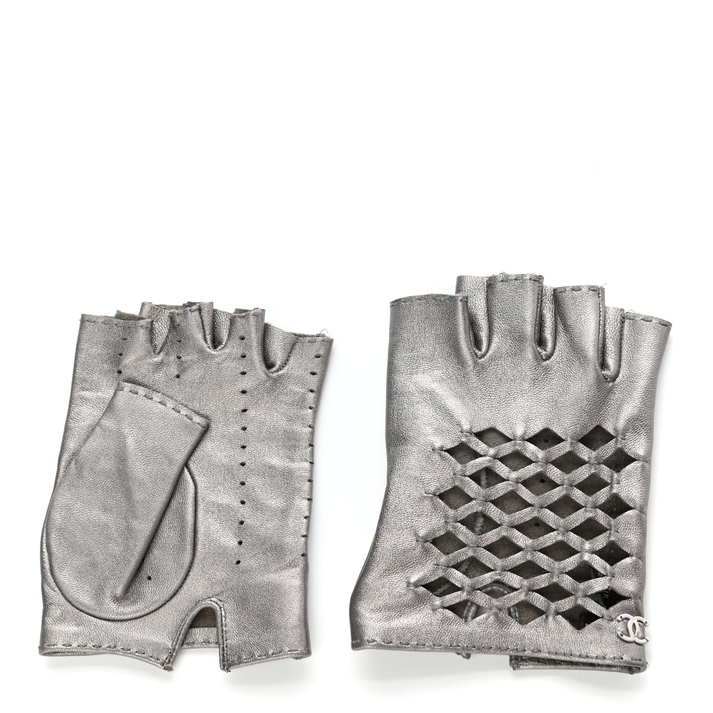 Metallic Lambskin Fingerless Woven CC Gloves 7.5 Silver