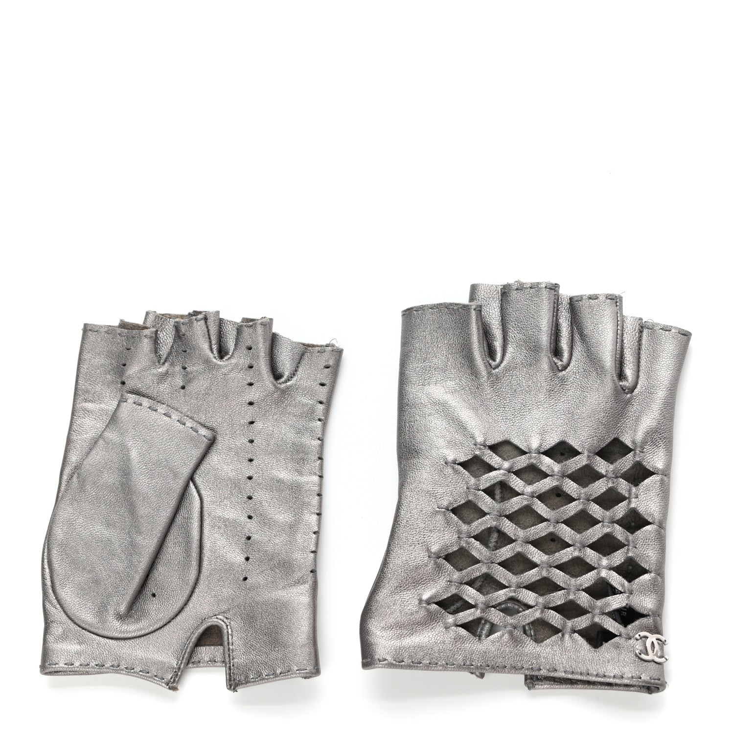 Chanel Metallic Lambskin Fingerless Woven CC Gloves 7.5 Silver 1 of 5