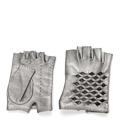 Chanel Metallic Lambskin Fingerless Woven CC Gloves 7.5 Silver 1 of 5