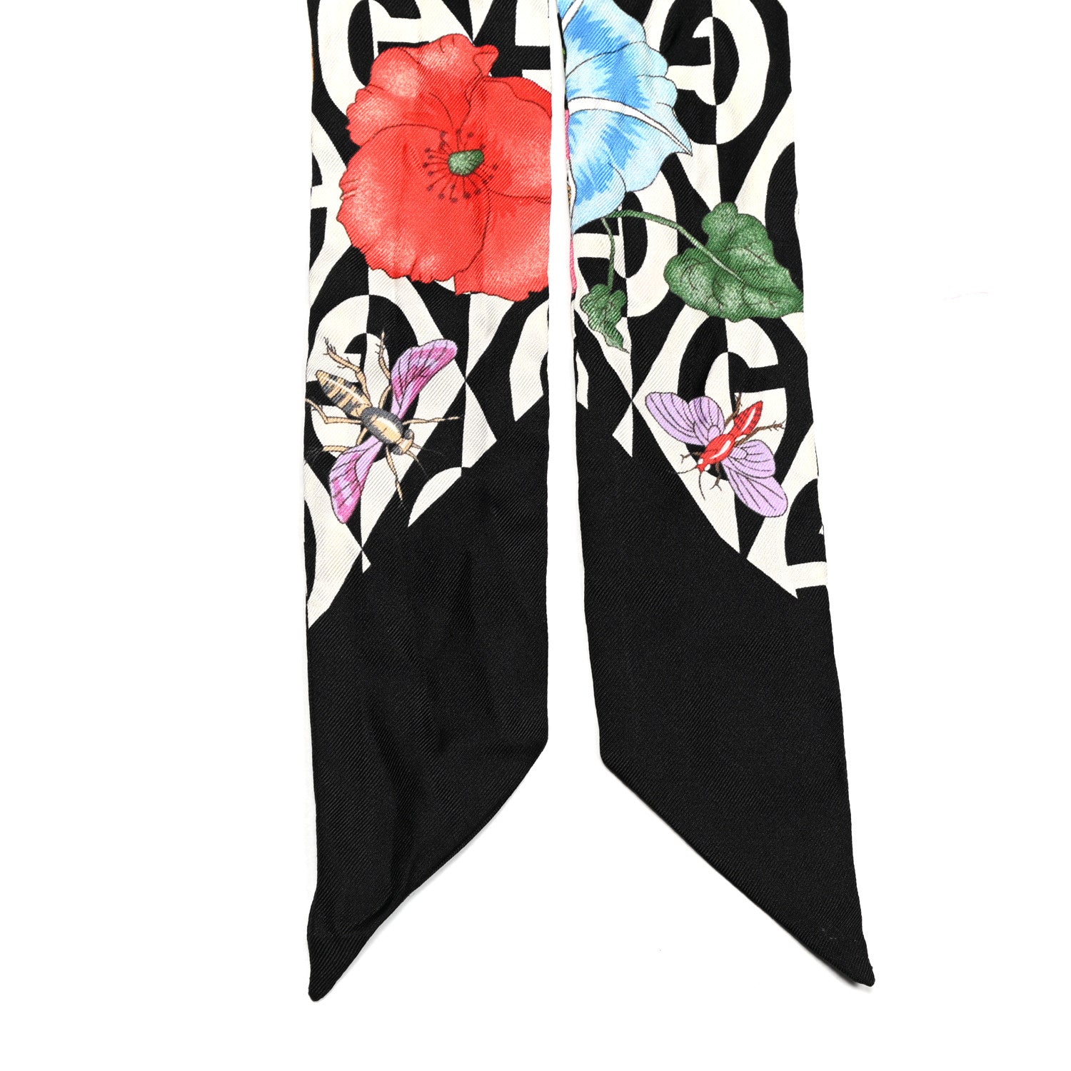Gucci Silk Twill G Rhombus Flora Print Neck Bow Scarf Ivory Black 2 of 4
