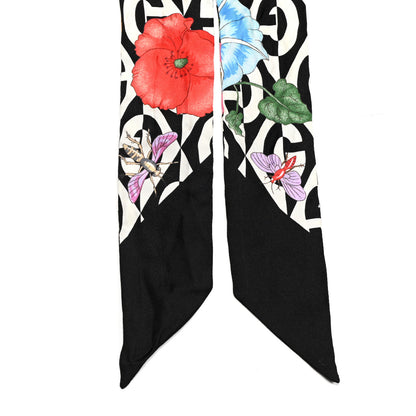 Gucci Silk Twill G Rhombus Flora Print Neck Bow Scarf Ivory Black 2 of 4