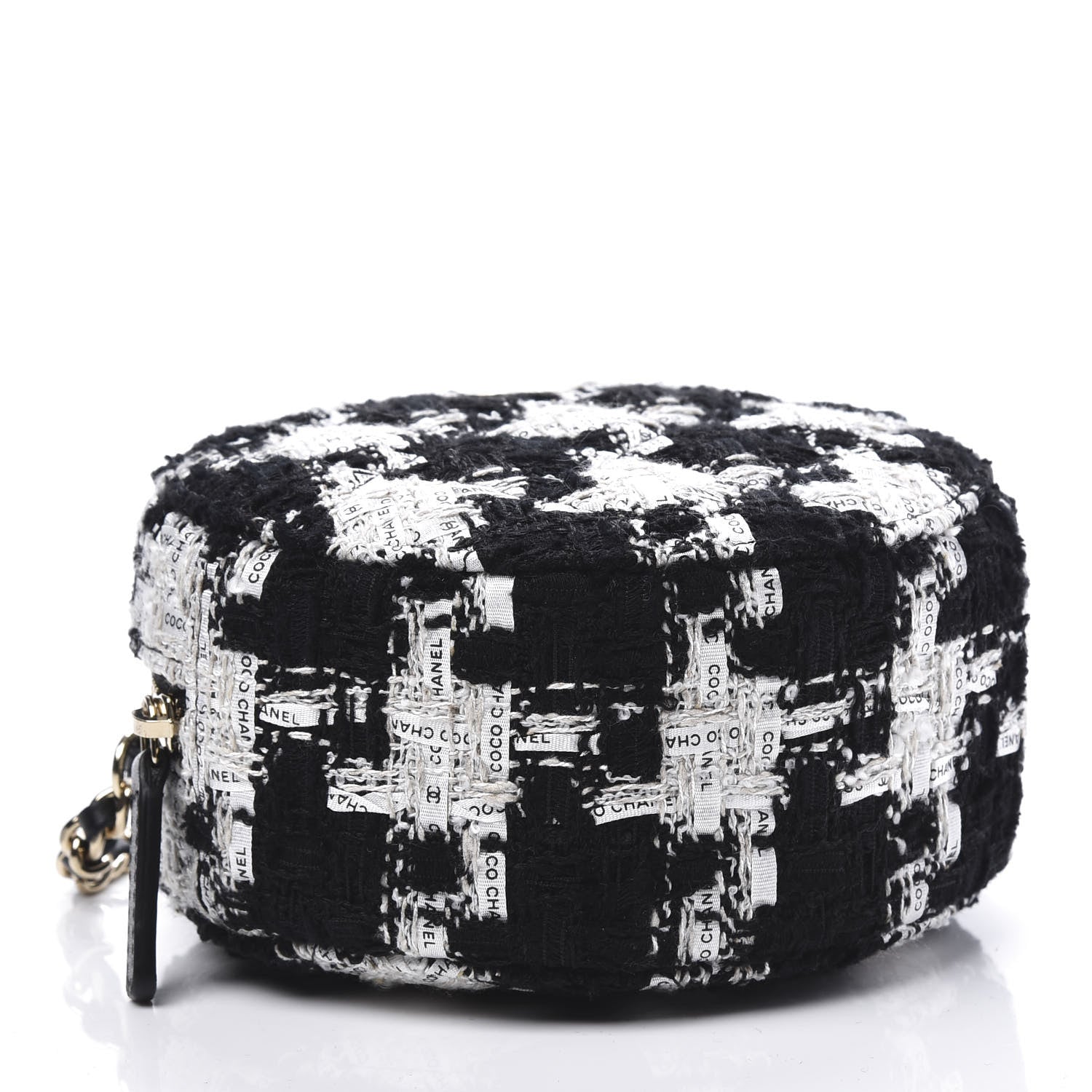 Chanel Tweed Quilted Round Clutch With Chain Black Ecru White 3 of 9