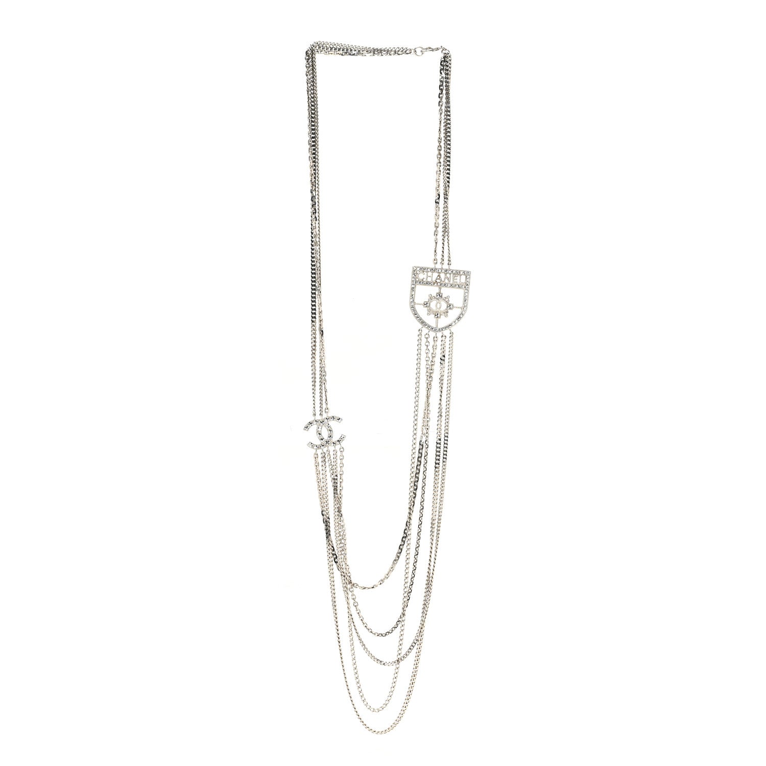 Chanel Baguette Crystal CC Shield Multi Strand Long Chain Necklace Silver 3 of 6