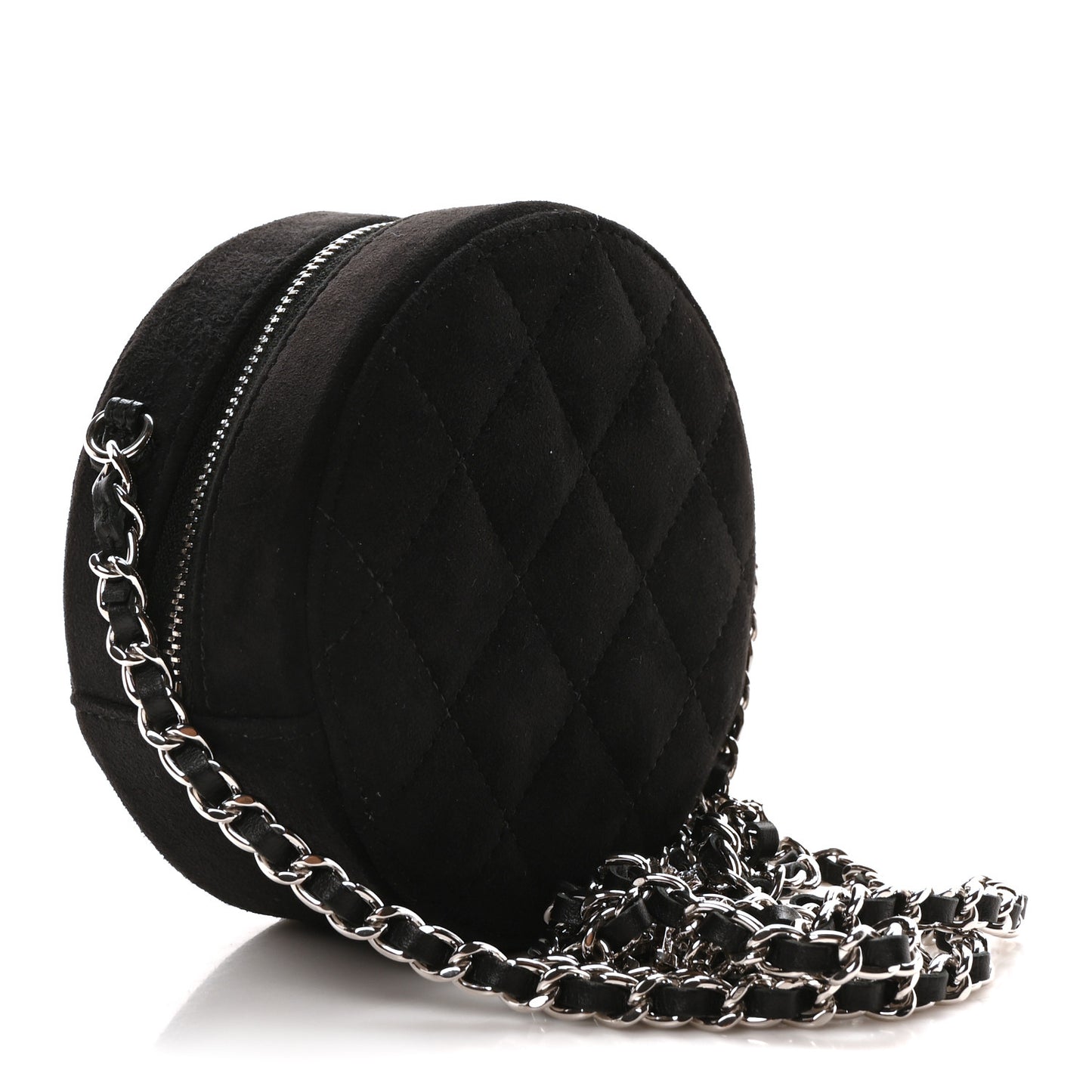 Suede Quilted Crystal Round Clutch With Logo Chain Black