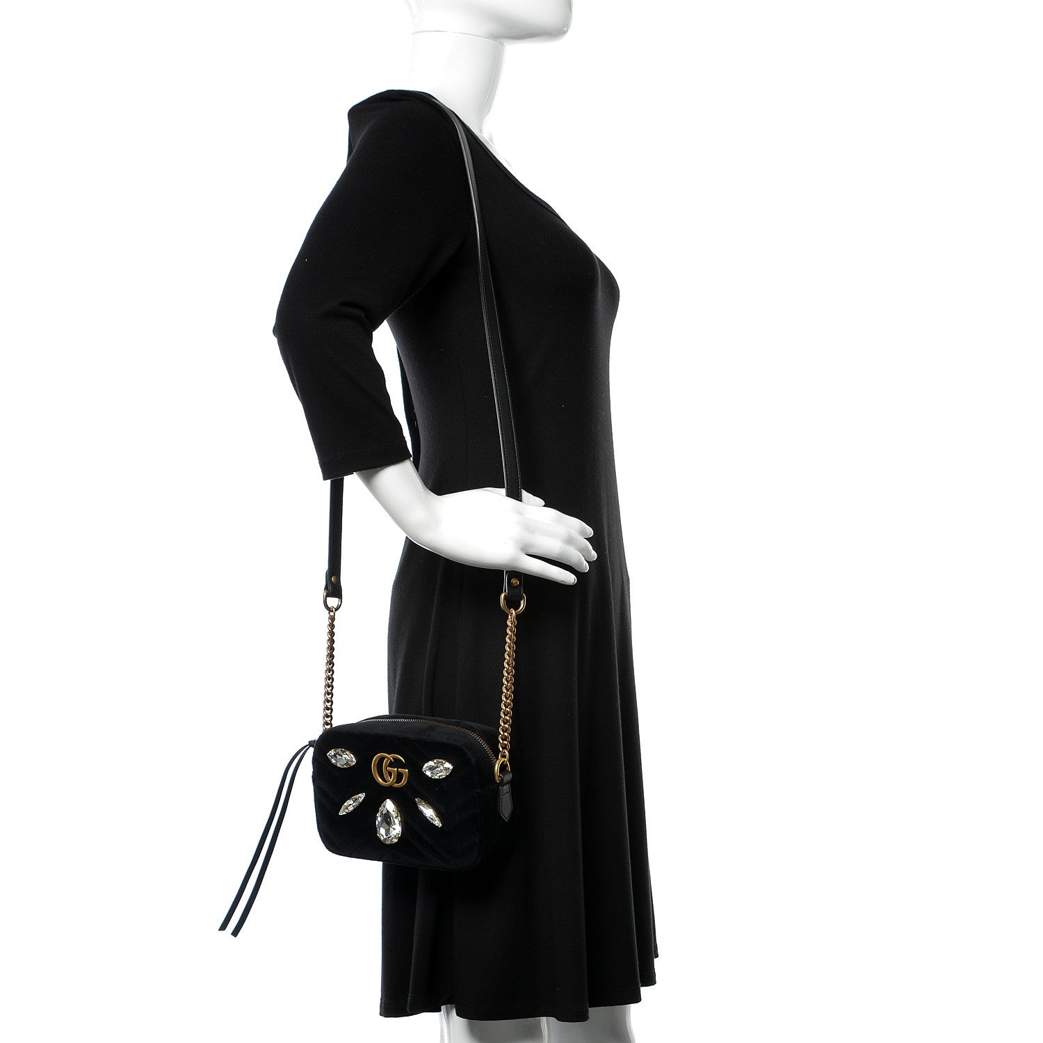 Gucci Velvet Matelasse Marquise Crystals Mini GG Marmont Chain Shoulder Bag Black 2 of 11