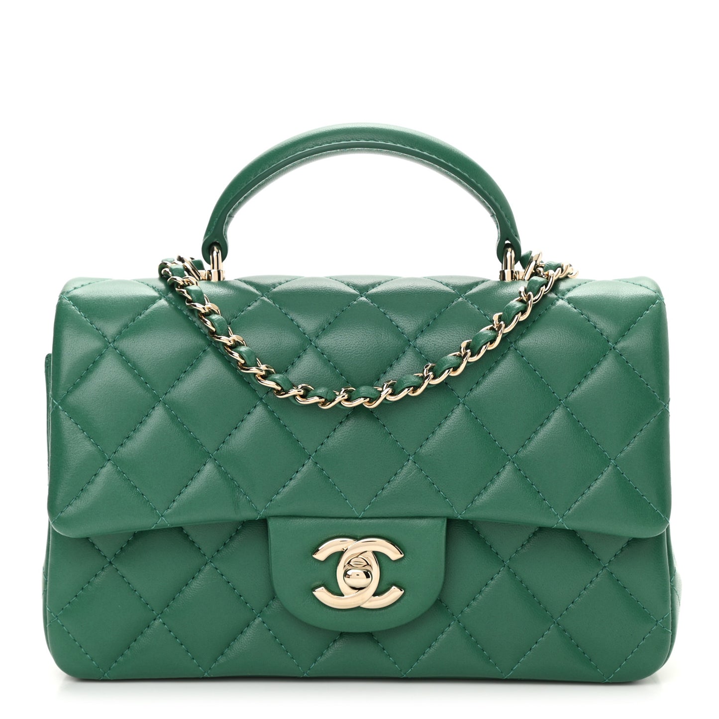 Lambskin Quilted Mini Top Handle Rectangular Flap Green
