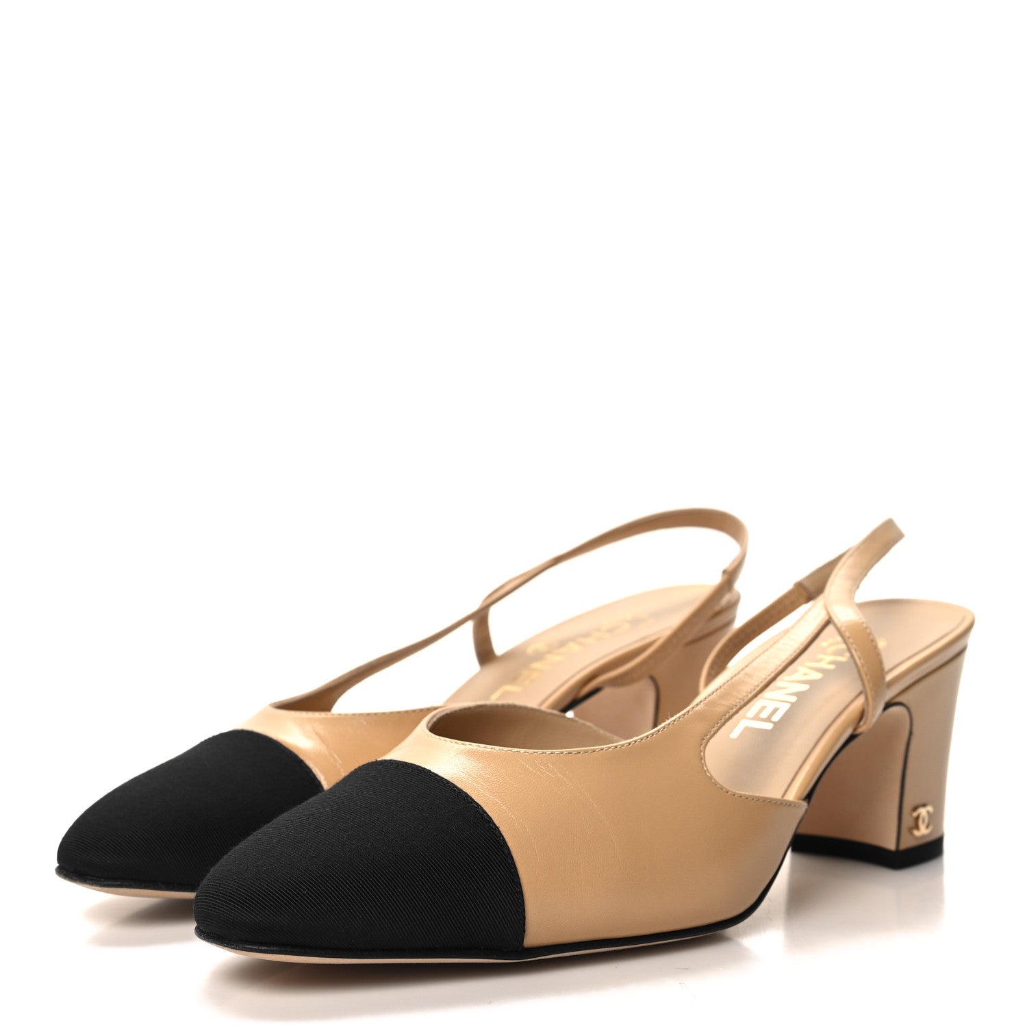 Chanel Goatskin Grosgrain Cap Toe CC Slingback Pumps 38.5 Beige Black 3 of 9