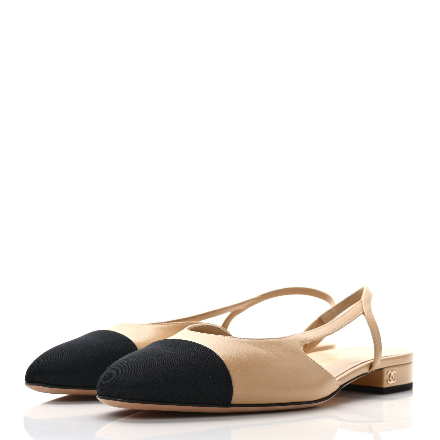 Chanel Goatskin Grosgrain Cap Toe CC Slingback Pumps 37.5 Beige Black 3 of 8