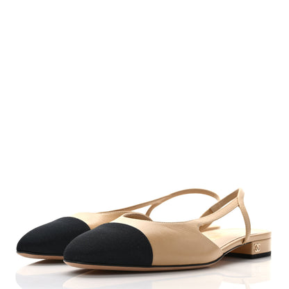Chanel Goatskin Grosgrain Cap Toe CC Slingback Pumps 37.5 Beige Black 3 of 8