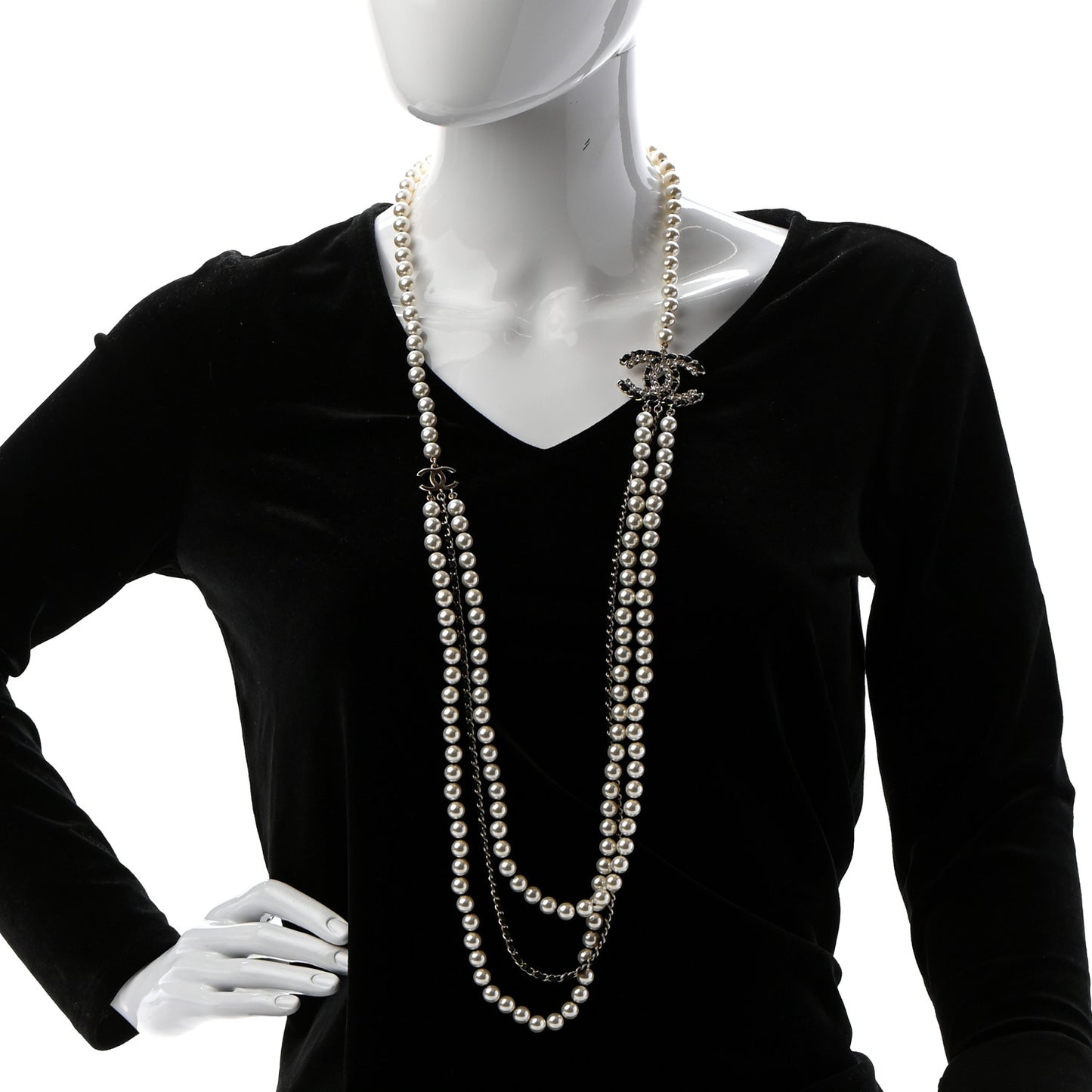 Lambskin Pearl Crystal CC Chain Necklace Black Gold