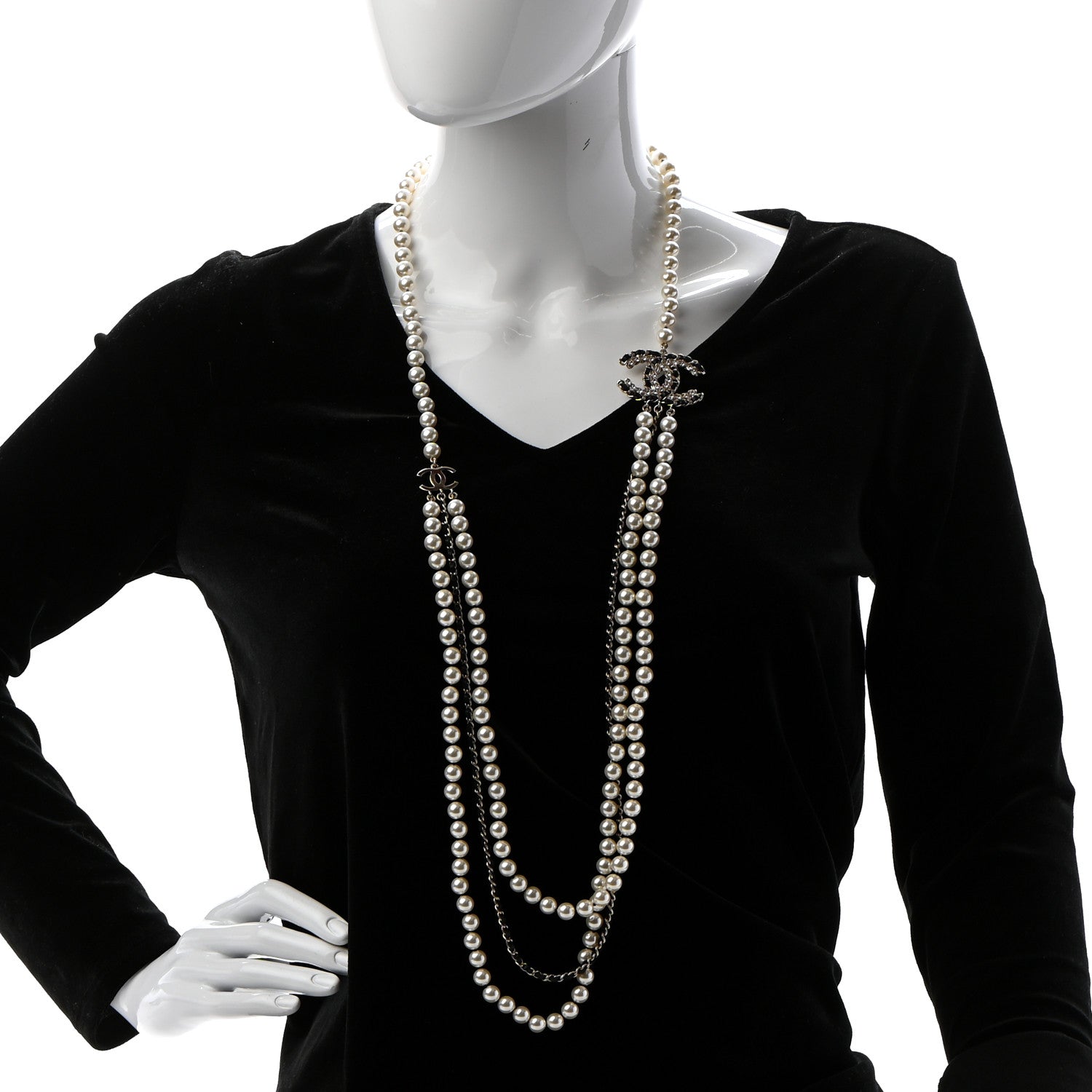 Chanel Lambskin Pearl Crystal CC Chain Necklace Black Gold 2 of 7