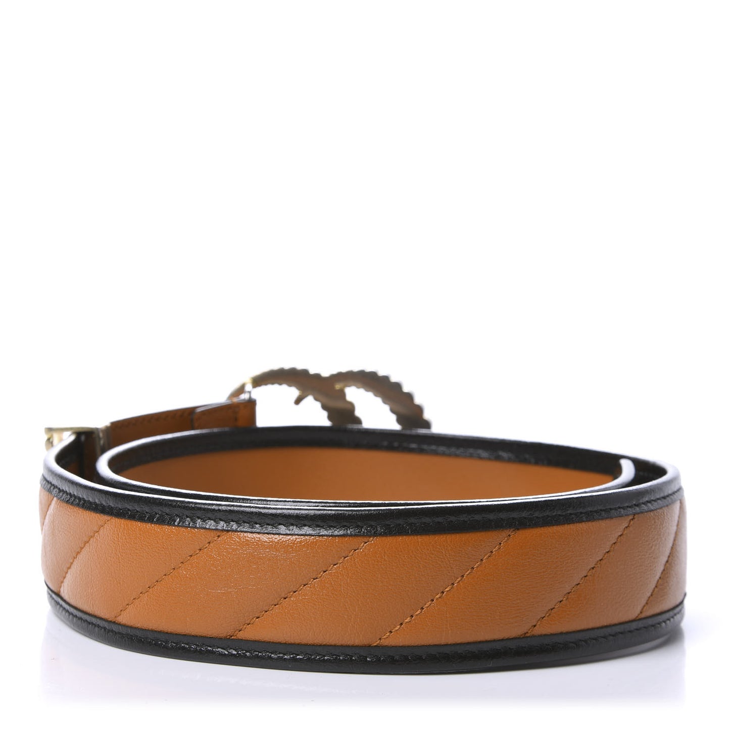 Azalea Calfskin Matelasse Diagonal Torchon Double G 40mm Belt 80 32 Cognac Black
