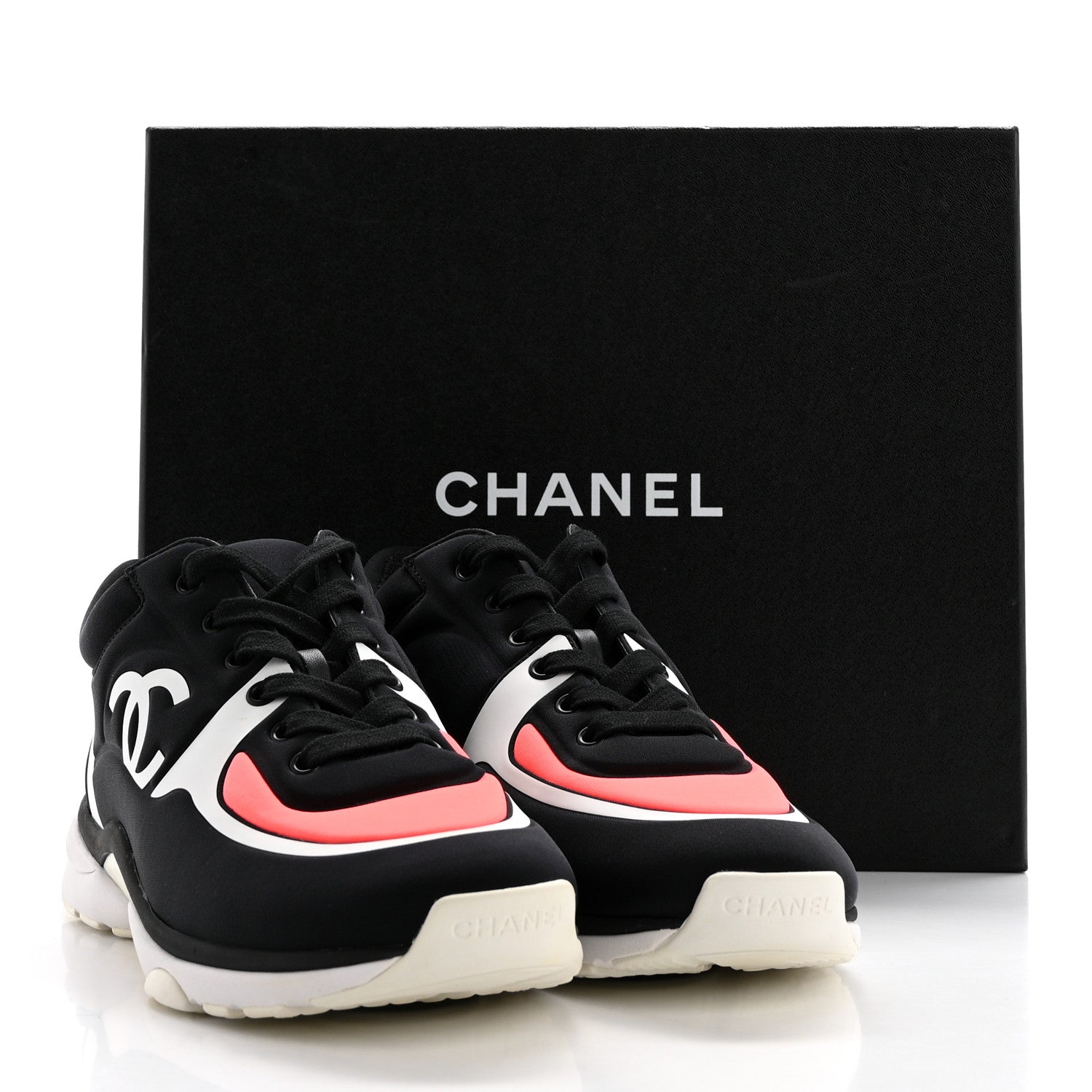 Chanel Lycra Fabric Womens CC Sneakers 37.5 Black White Pink 9 of 9