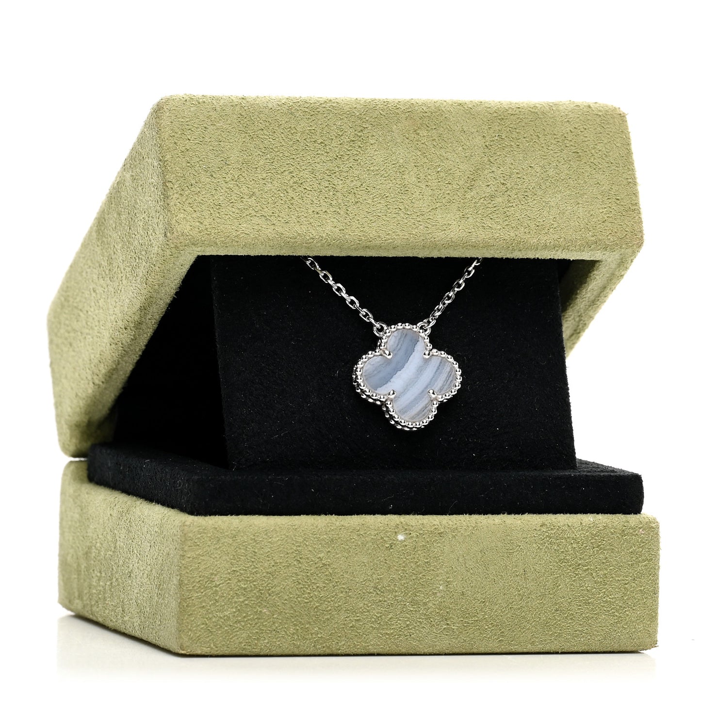 18k White Gold Chalcedony Vintage Alhambra Pendant Necklace