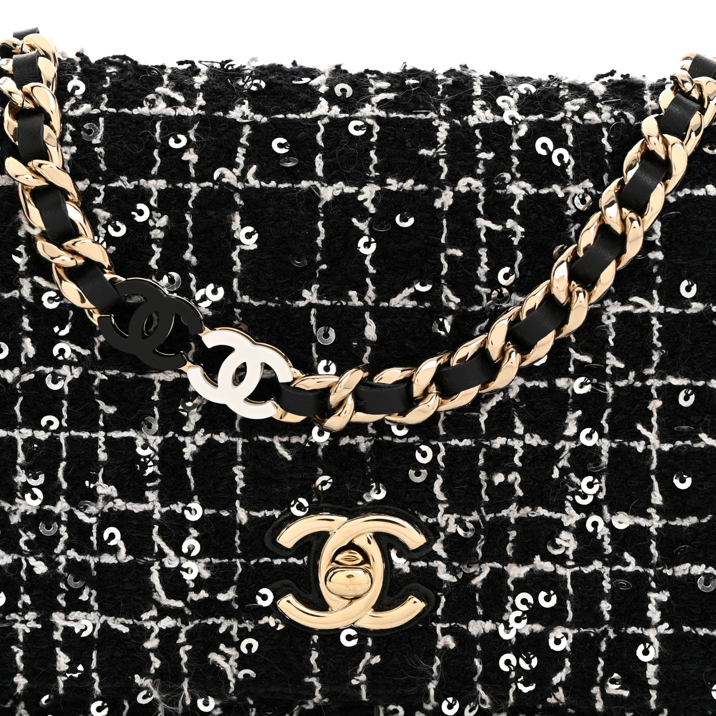 Tweed Sequin Quilted Wallet On Chain WOC Black White