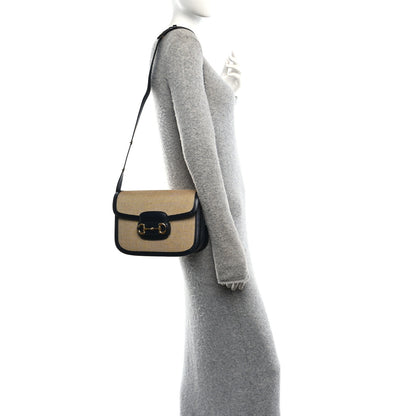 Gucci Vintage Rice Canvas Plutone Calfskin Horsebit 1955 Shoulder Bag Beige Blue 2 of 13