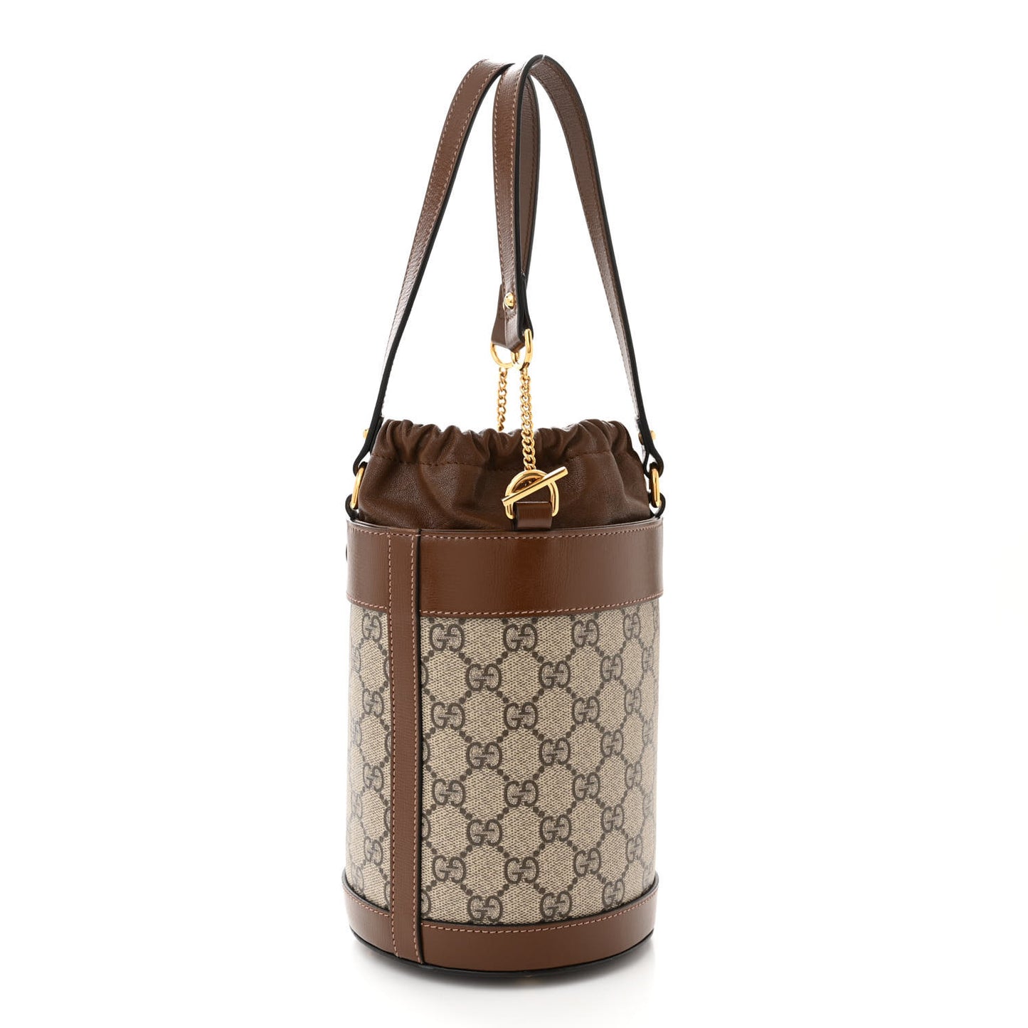 GG Supreme Monogram Azalea Sakai Calfskin Small Horsebit 1955 Drawstring Bucket Bag Beige Ebony Brown Sugar