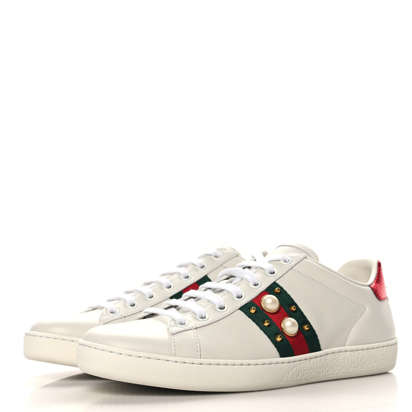 Calfskin Web Pearl Studded Womens Ace Sneakers 39.5 White