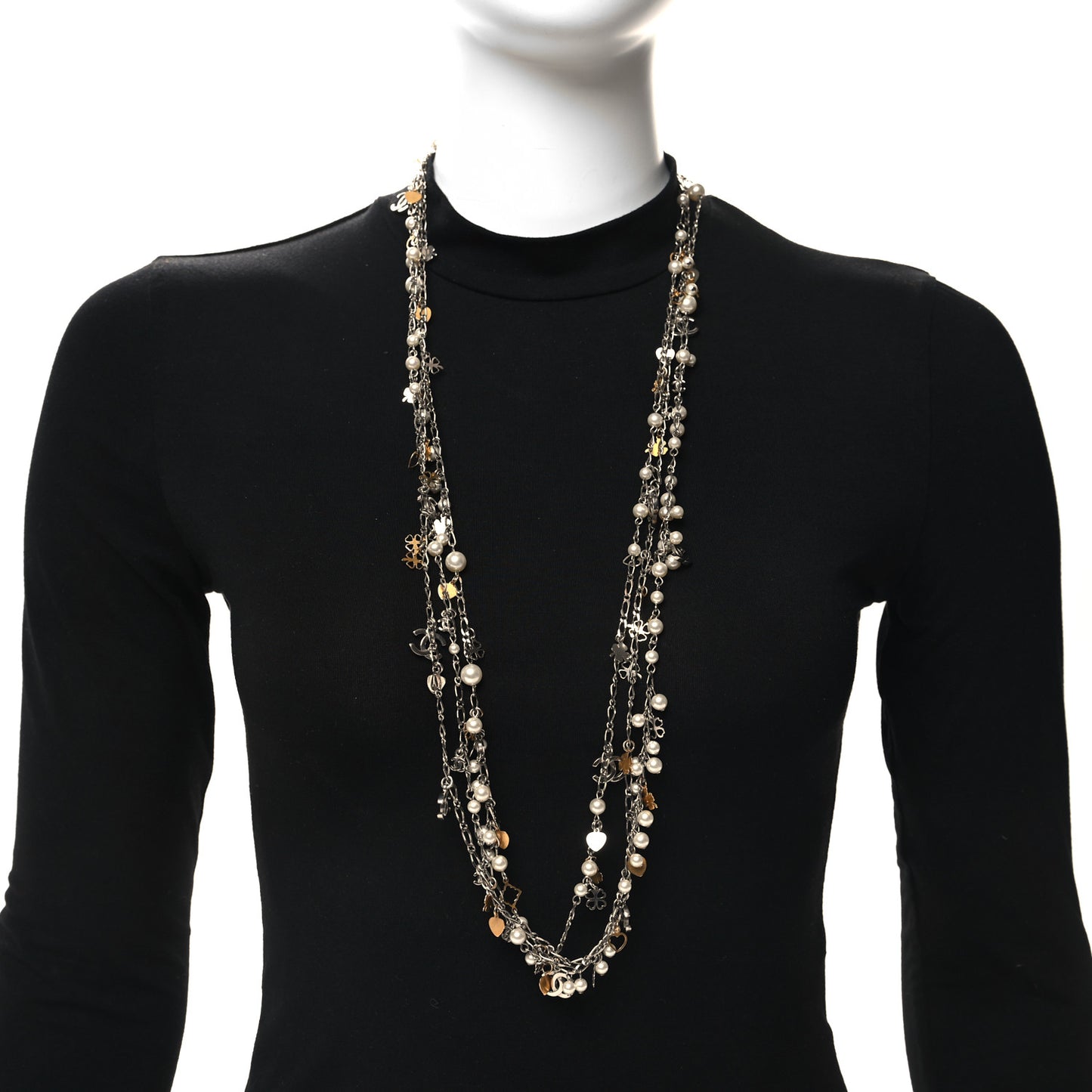 Pearl CC Charms Multi Strand Long Necklace Gold Silver