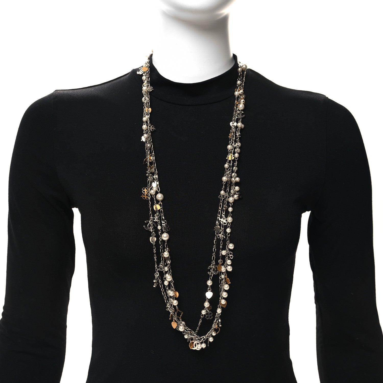Chanel Pearl CC Charms Multi Strand Long Necklace Gold Silver 2 of 5