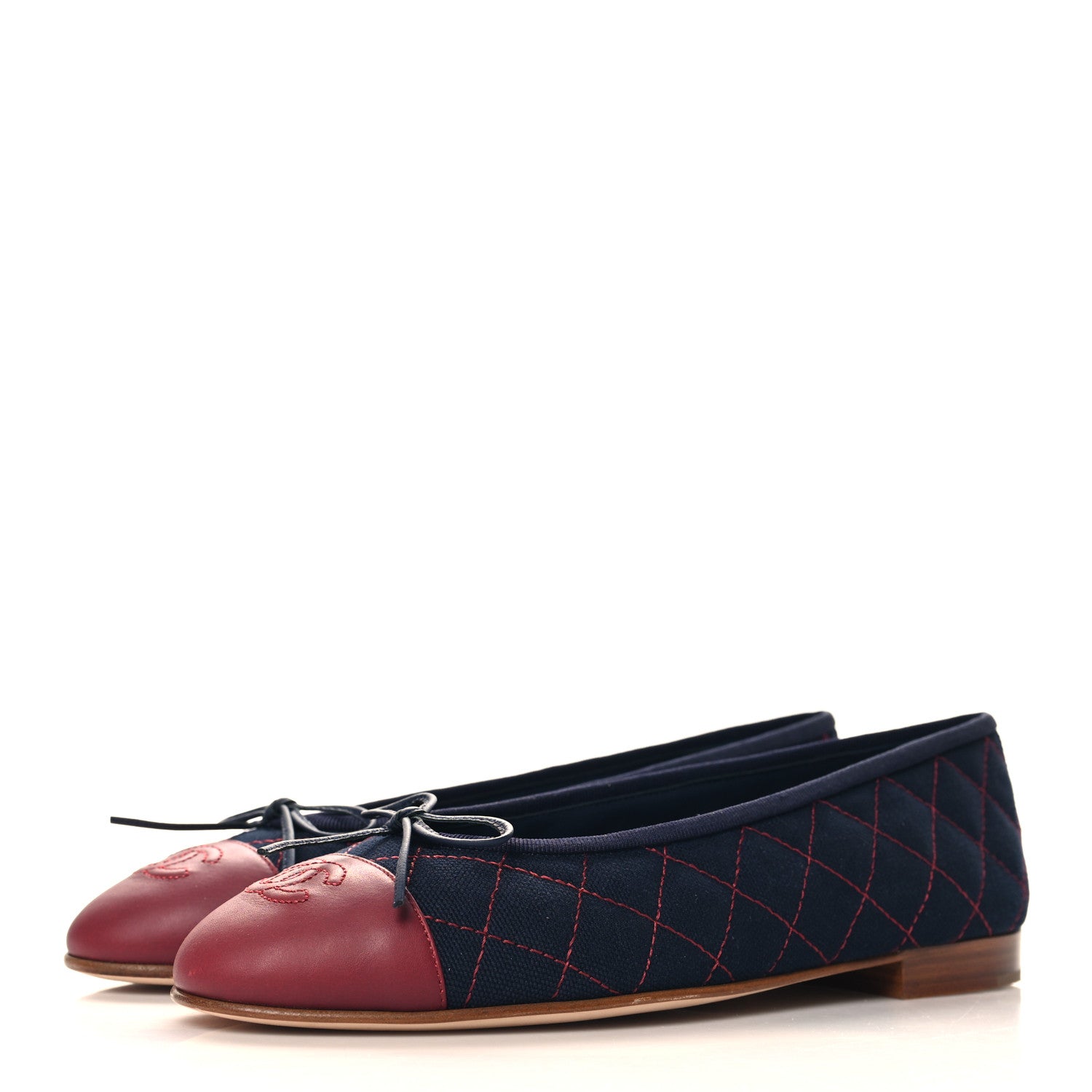 Chanel Canvas Calfskin Quilted Cap Toe CC Ballerina Flats 38.5 Navy Red 4 of 11