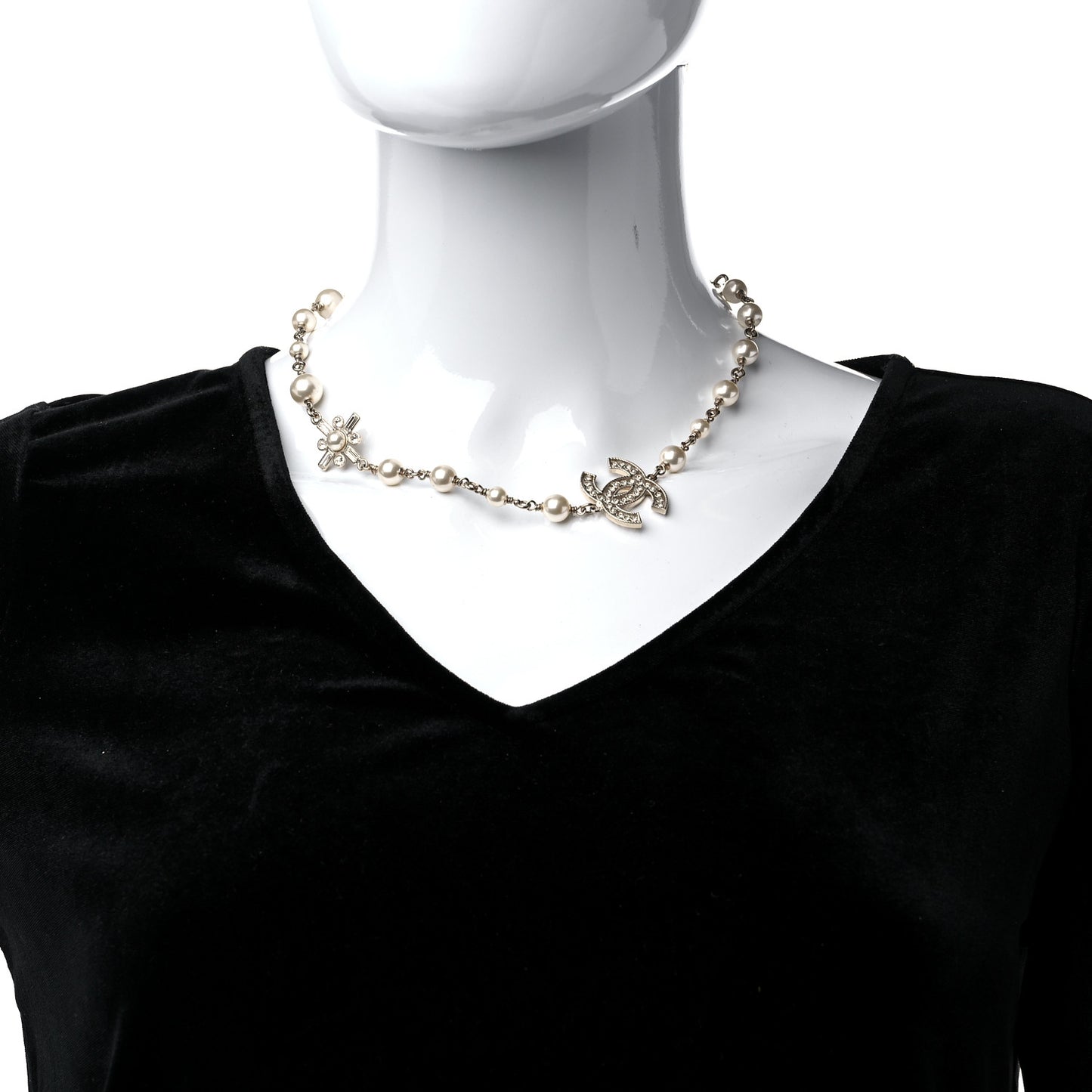 Crystal Baguette Pearl CC Cross Short Necklace Gold
