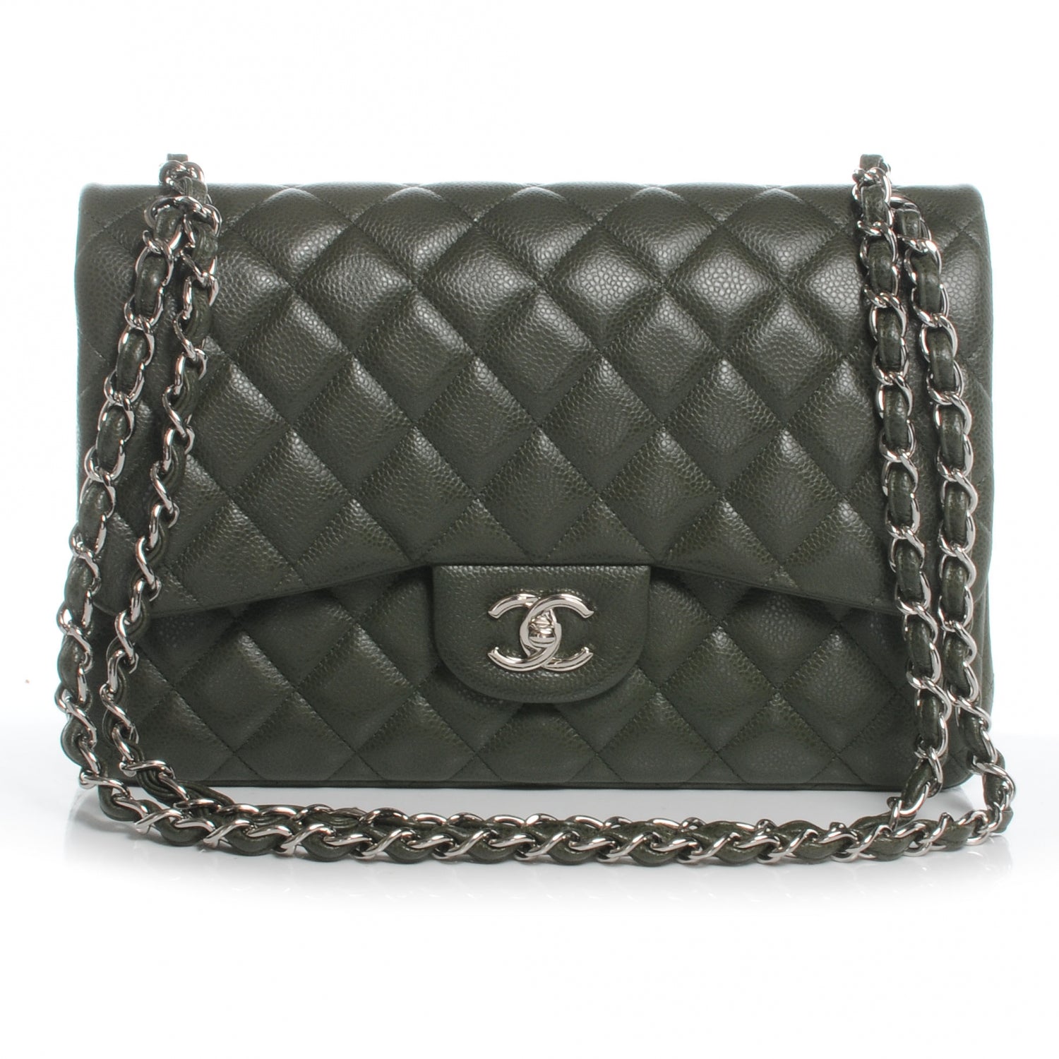 Chanel Caviar Jumbo Double Flap Dark Green 1 of 8
