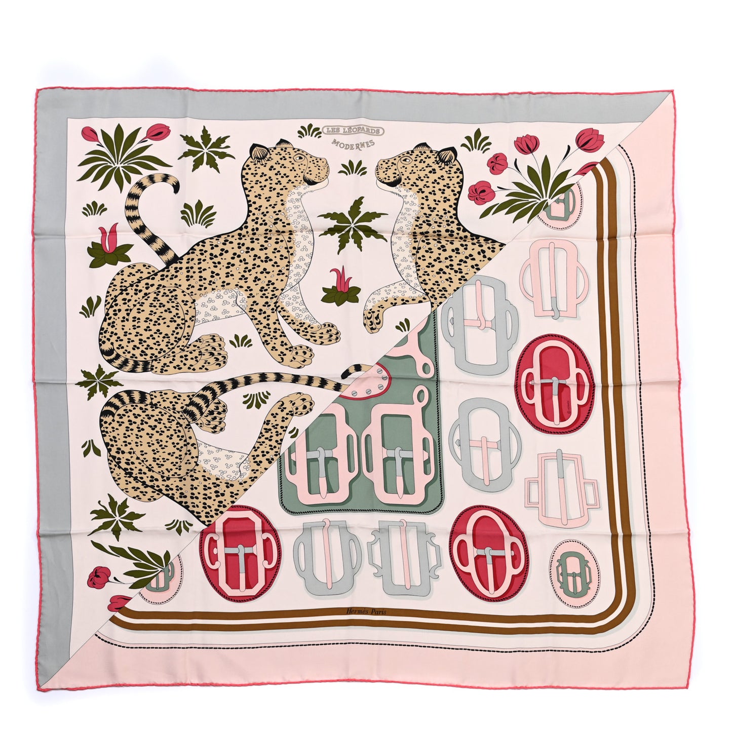 Silk Les Leopards Modernes Wash Scarf 90 Creme Vert Rose